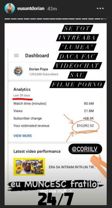 Suma pe care a câștigat-o Dorian Popa din Youtube în doar o lună