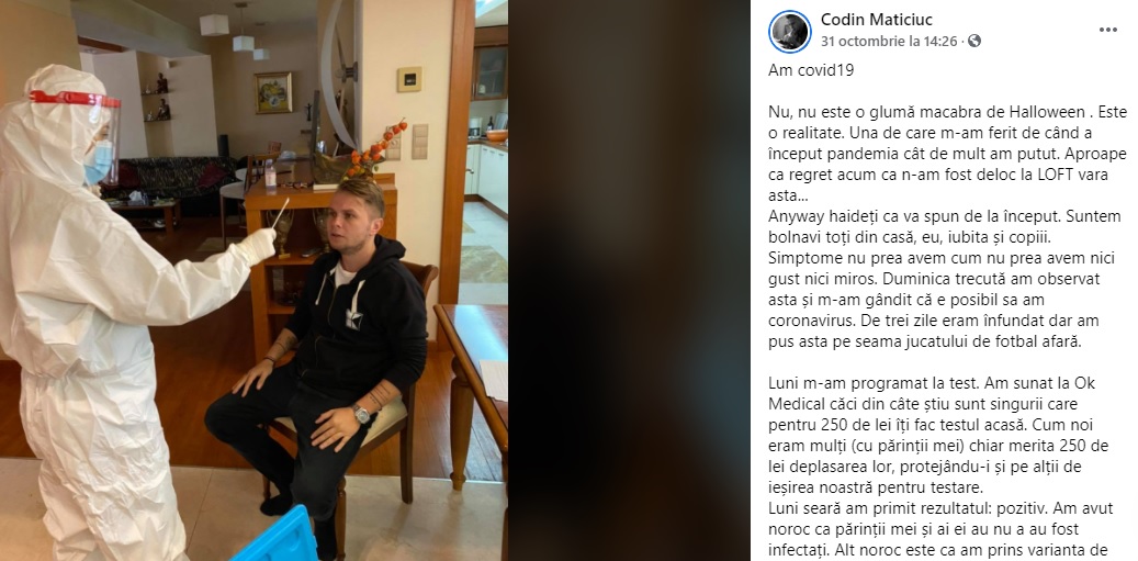 Postarea în care Codin Maticiul anunță că a fost testat pozitiv