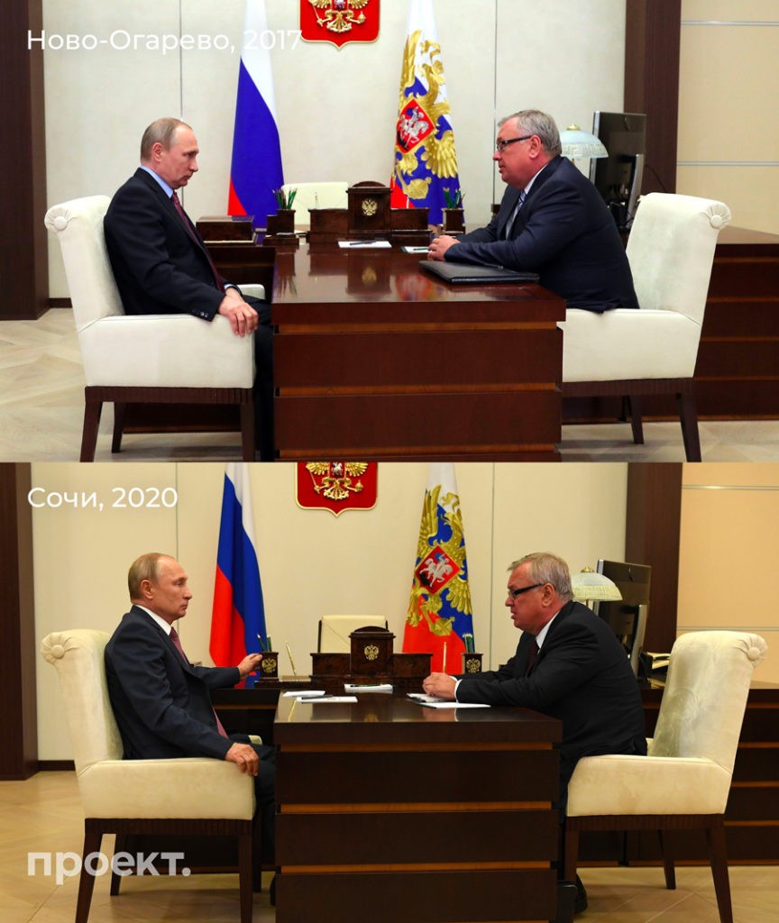 Întâlnirile lui Vladimir Putin cu Andrei Kostin în biroul de lângă Moscova în 2017 și la Soci în 2020