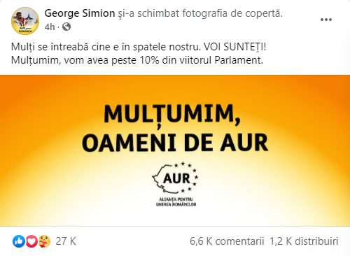 Mesajul transmis de George Simion pe pagina sa de socializare
