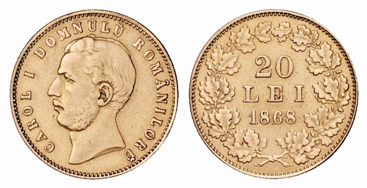 Moneda românească, emisă în 1868, de 20 de lei