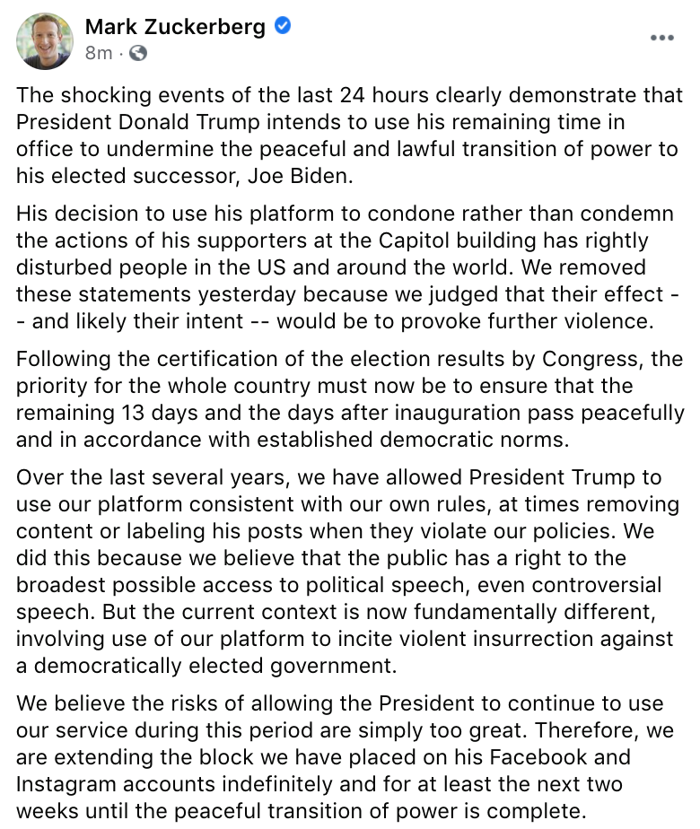Mesajul postat de Mark Zuckerberg pe pagina sa de Facebook
