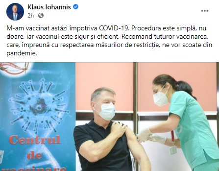Mesajul transmis de Klaus Iohannis după vaccinare