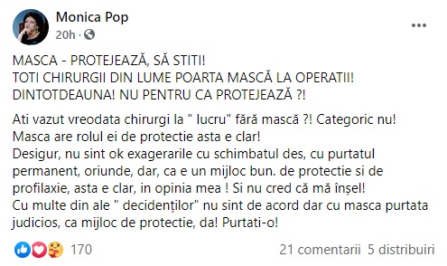 Ce crede medicul Monica Pop despre masca de protecție / Sursă foto: Captură FB Monica Pop