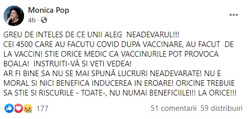 Mesajul controversat al Monicăi Pop / Sursă foto: Captură FB Monica Pop