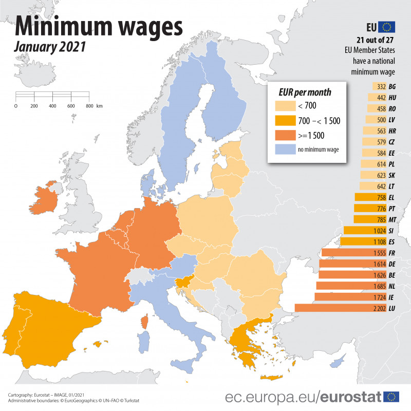 Salariul minim pe economie în țările din UE, la nivelul lunii februarie 2021 / Sursă foto: Eurostat