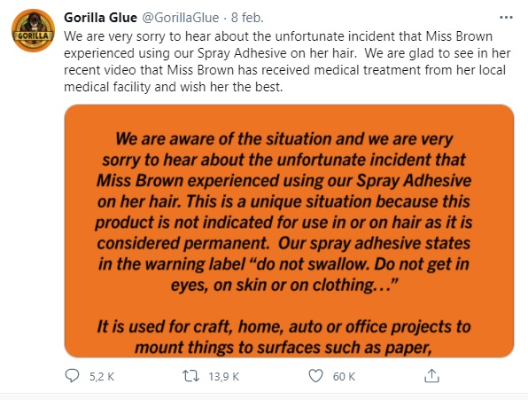 Mesajul postat de Gorilla Glue pe contul oficial de Twitter
