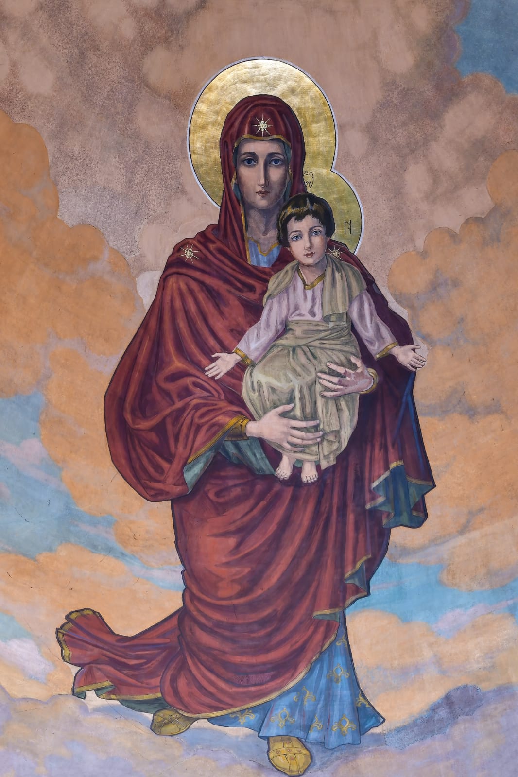 Maica Domnului cu Fiul in zeghe, pictura al fresco, Arsenie Boca