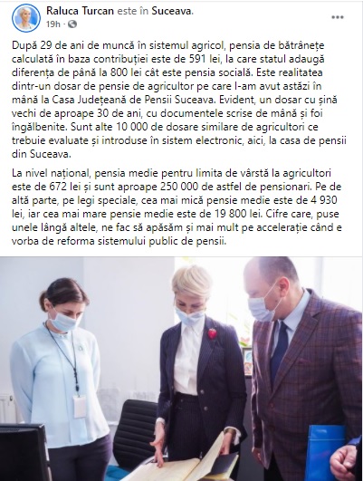 Mesajul postat de Ministrul Raluca Turcan pe pagina sa de Facebook 