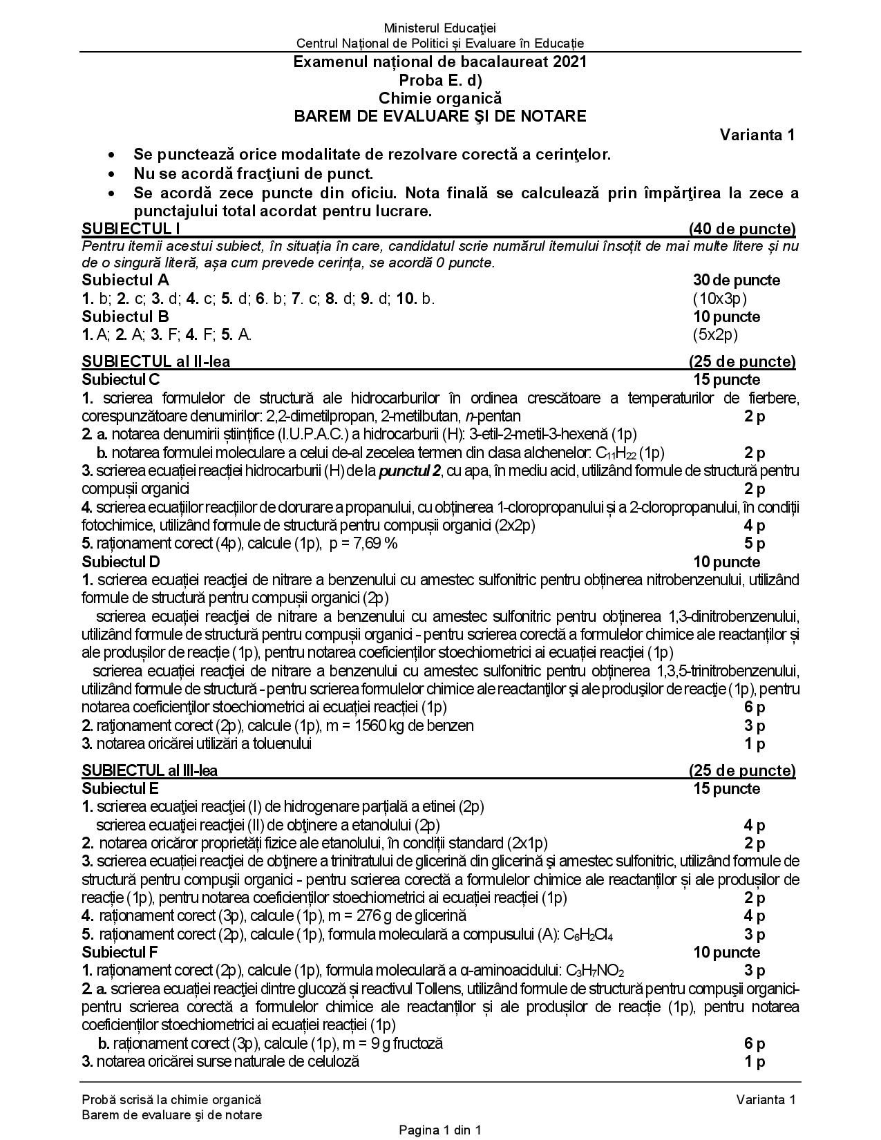 Barem subiecte Chimie Organică Bac 2021