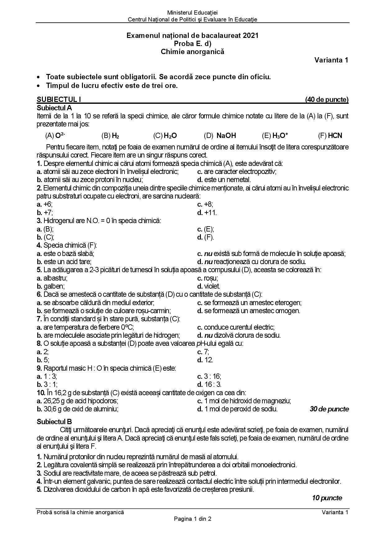 Subiecte Chimie anorganică BAC 2021