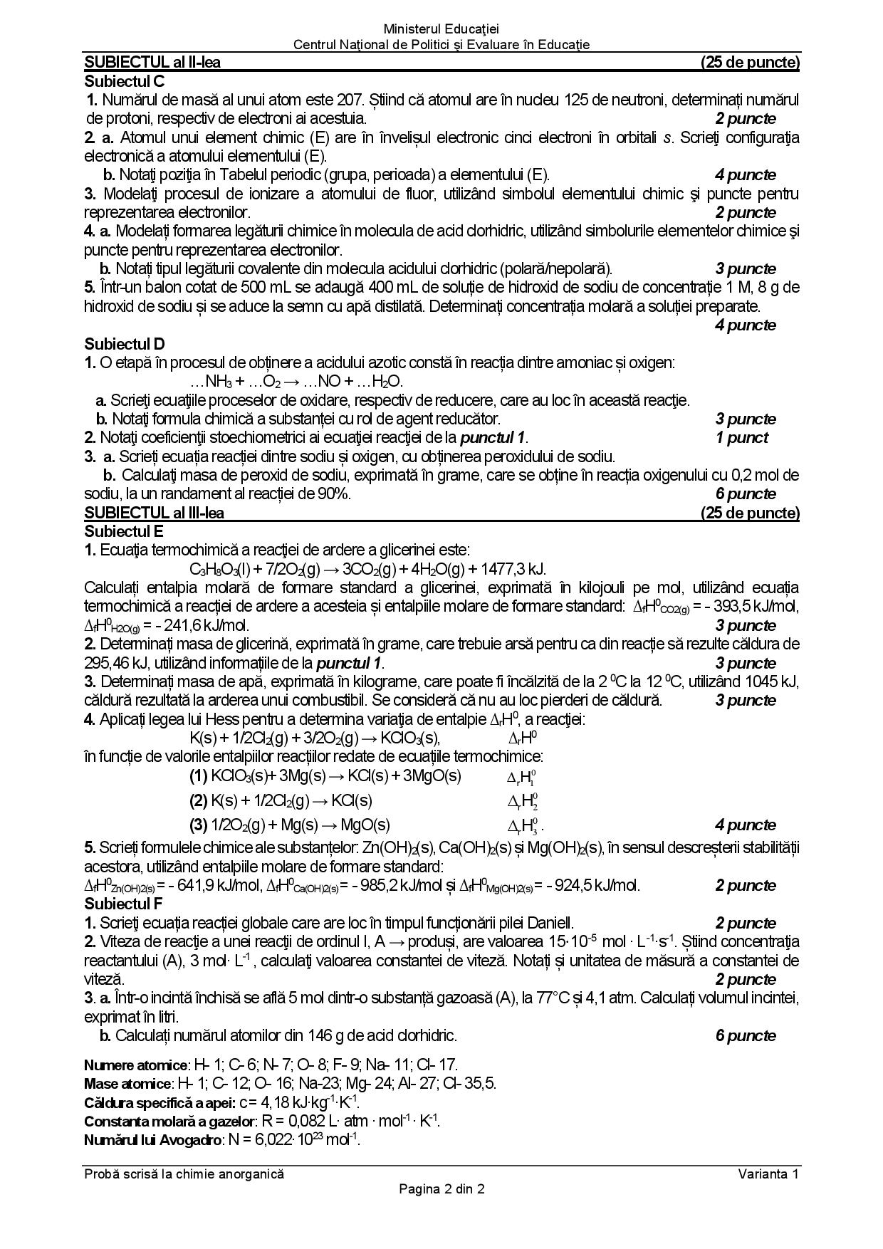 Subiecte Chimie anorganică BAC 2021