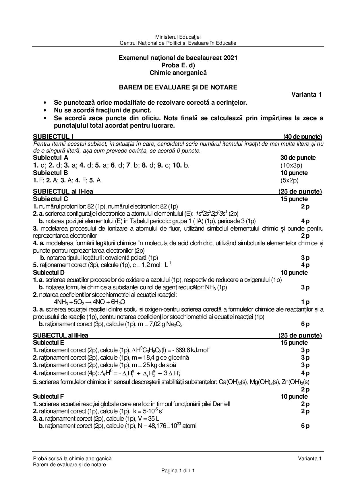 Barem Chimie anorganică Bac 2021