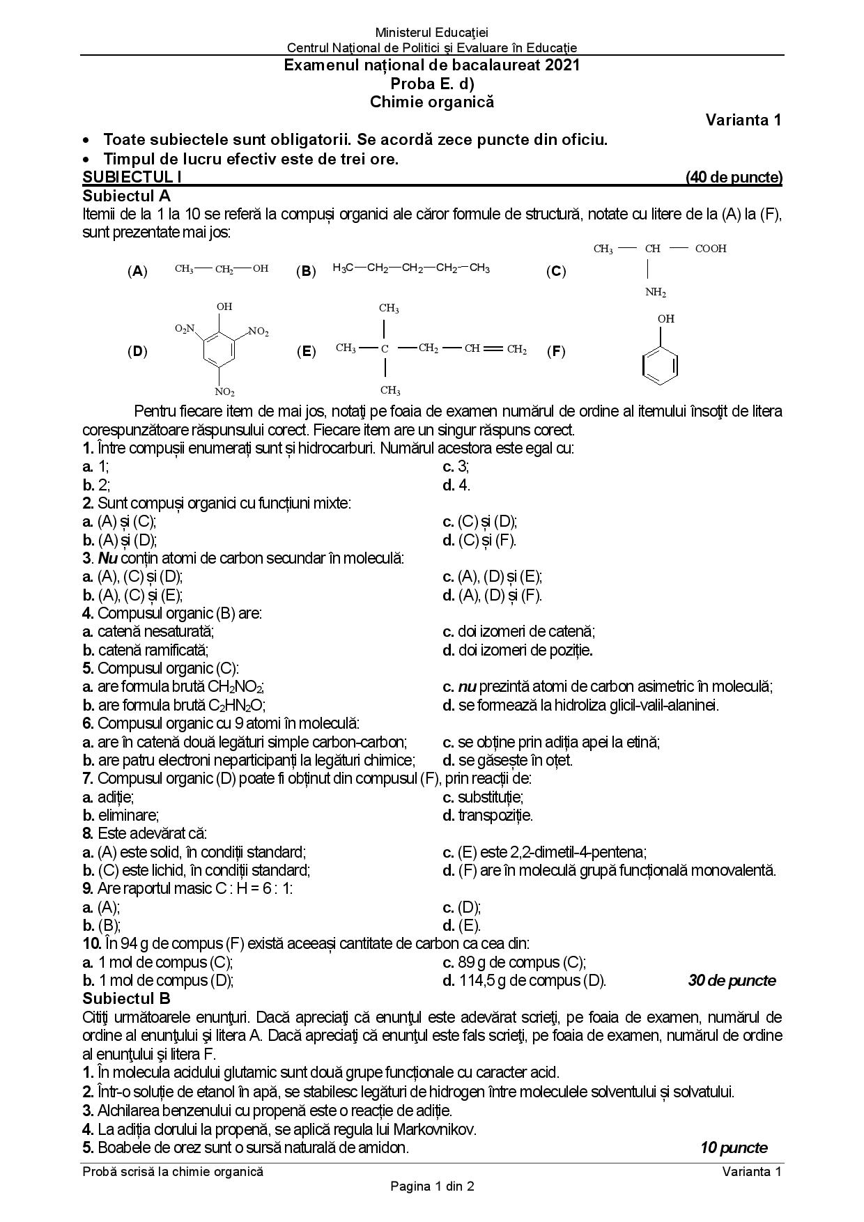 Subiecte Chimie organică BAC 2021
