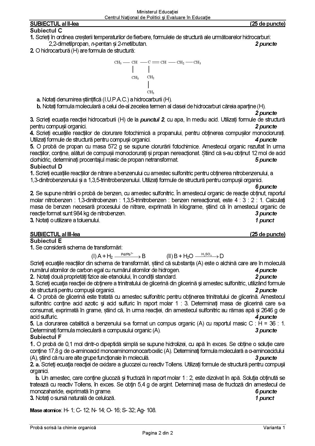 Subiecte Chimie organică BAC 2021