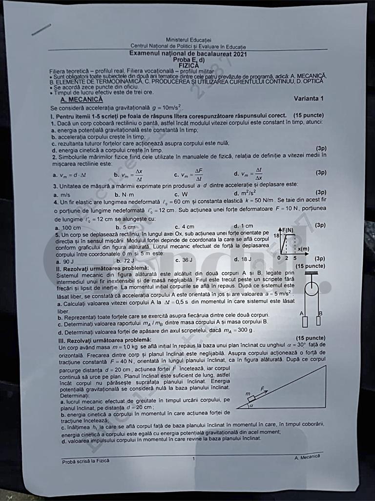 Subiecte Fizică BAC 2021