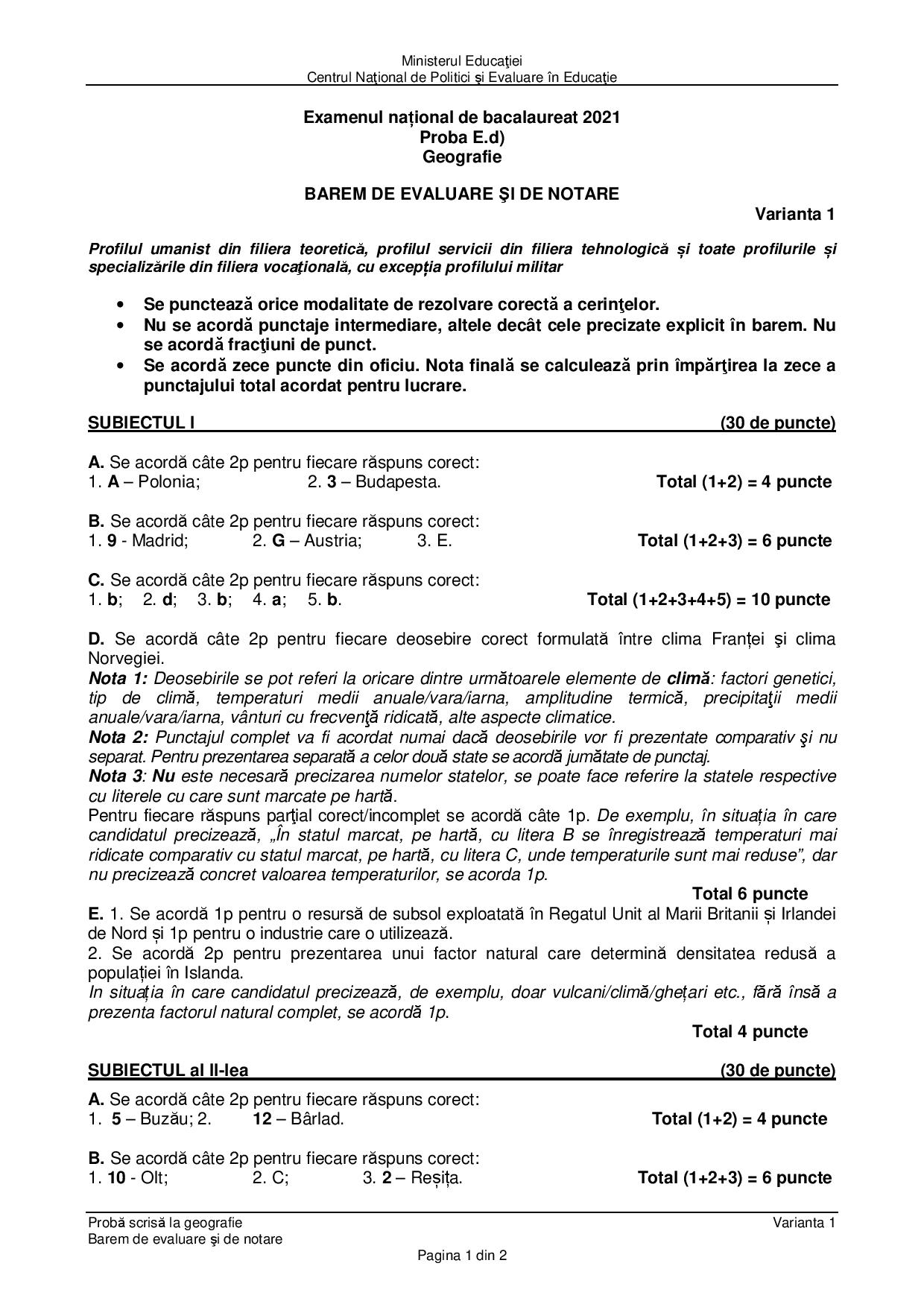 Barem subiecte Geografie Bac 2021