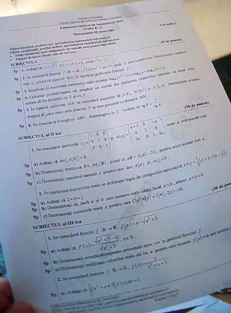 Subiecte Matematică BAC 2021, profil mate-info FOTO edupedu.ro