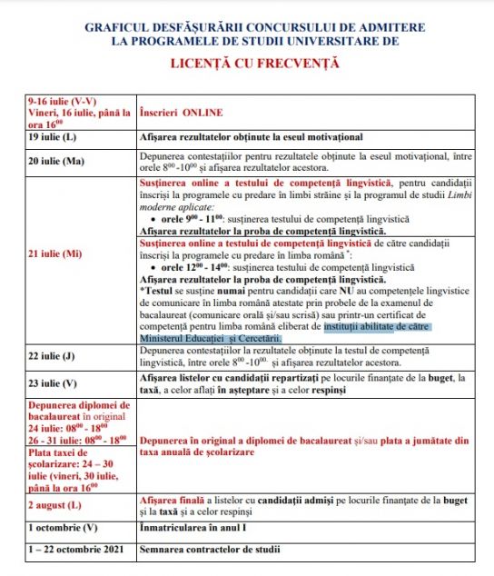 Calendar admitere ASE 2021 / Sursă foto: captură admitere.ase.ro