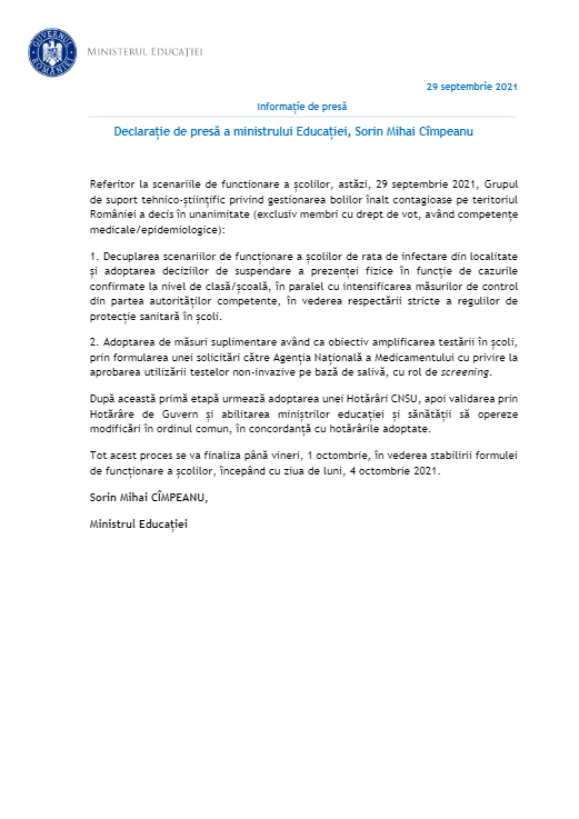 Declarația de presă transmisă miercuri de ministrul Sorin Cîmpeanu
