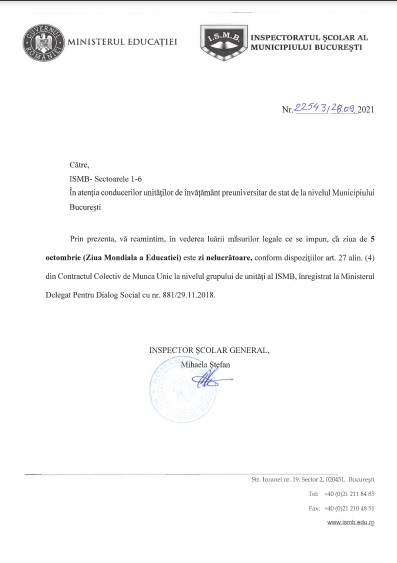 Decizia Inspectoratului Școlar al Municipiului București