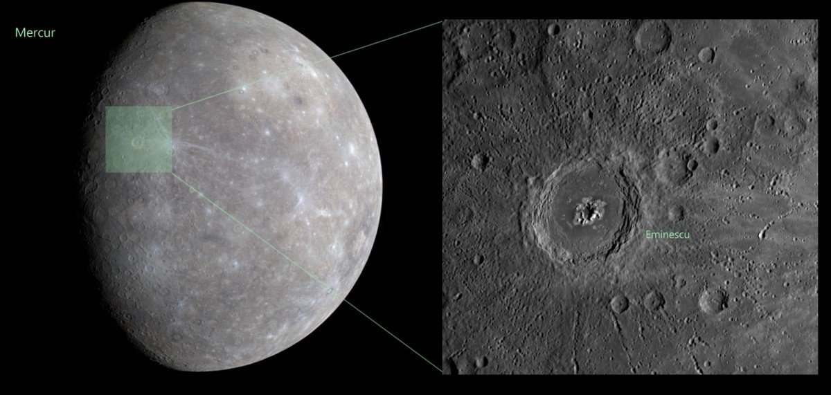 Poziţia craterului Eminescu pe Mercur / Sursă foto: Astro-Urseanu