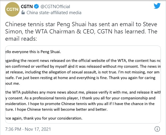 E-mailul atribuit lui Peng Shuai