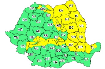 Coduri Galbene în mai multe zone din țară pe 27 și 28 decembrie 2021