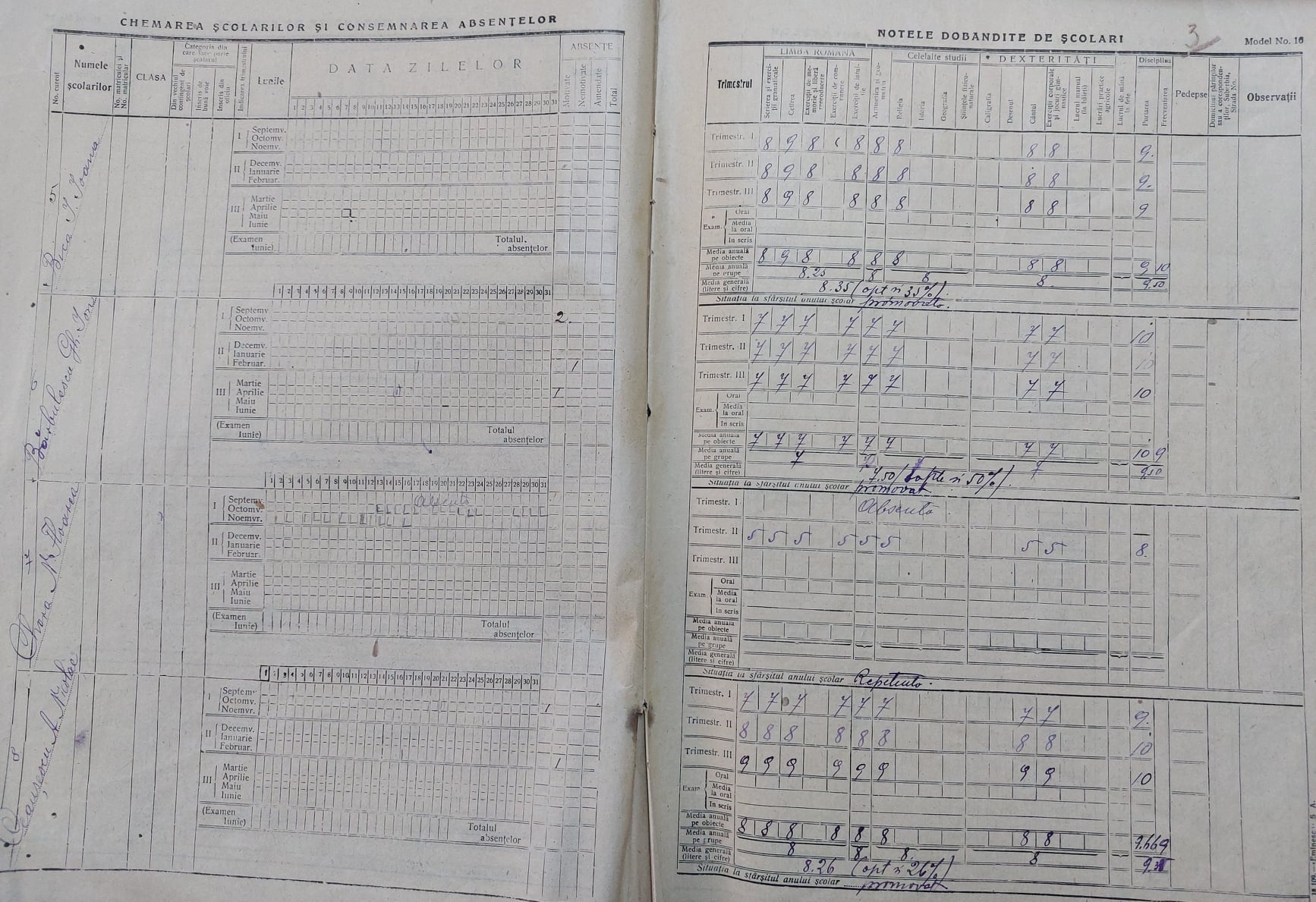 1925-1926, Scornicești. Extras din catalogul clasei I ce conține rezultatele obținute de elevul Nicolae A. Ceaușescu (ANR, SJAN Olt, fond Școala Primară Scornicești, dosarul 177 /1925-1926, fila 3) / Historia