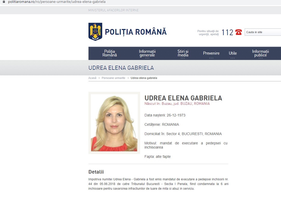 Elena Udrea, dată în urmărire generală de către Poliția Română