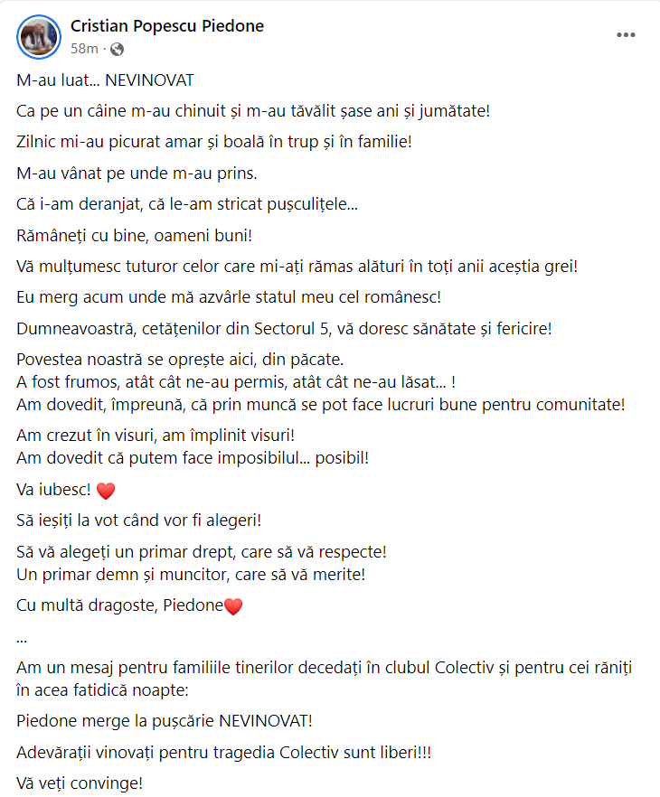 Mesajul postat de Piedone / foto: captură FB