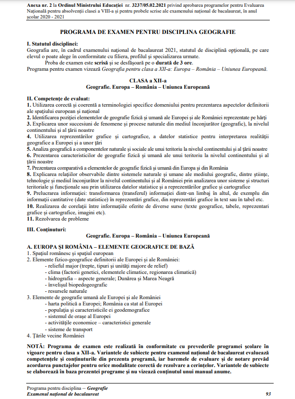 Programă geografie BAC 2022. Competențe și conținut / Foto: edupedu.ro