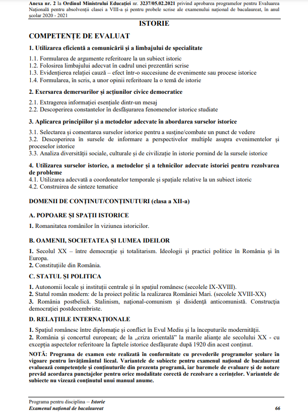 Programă istorie BAC 2022