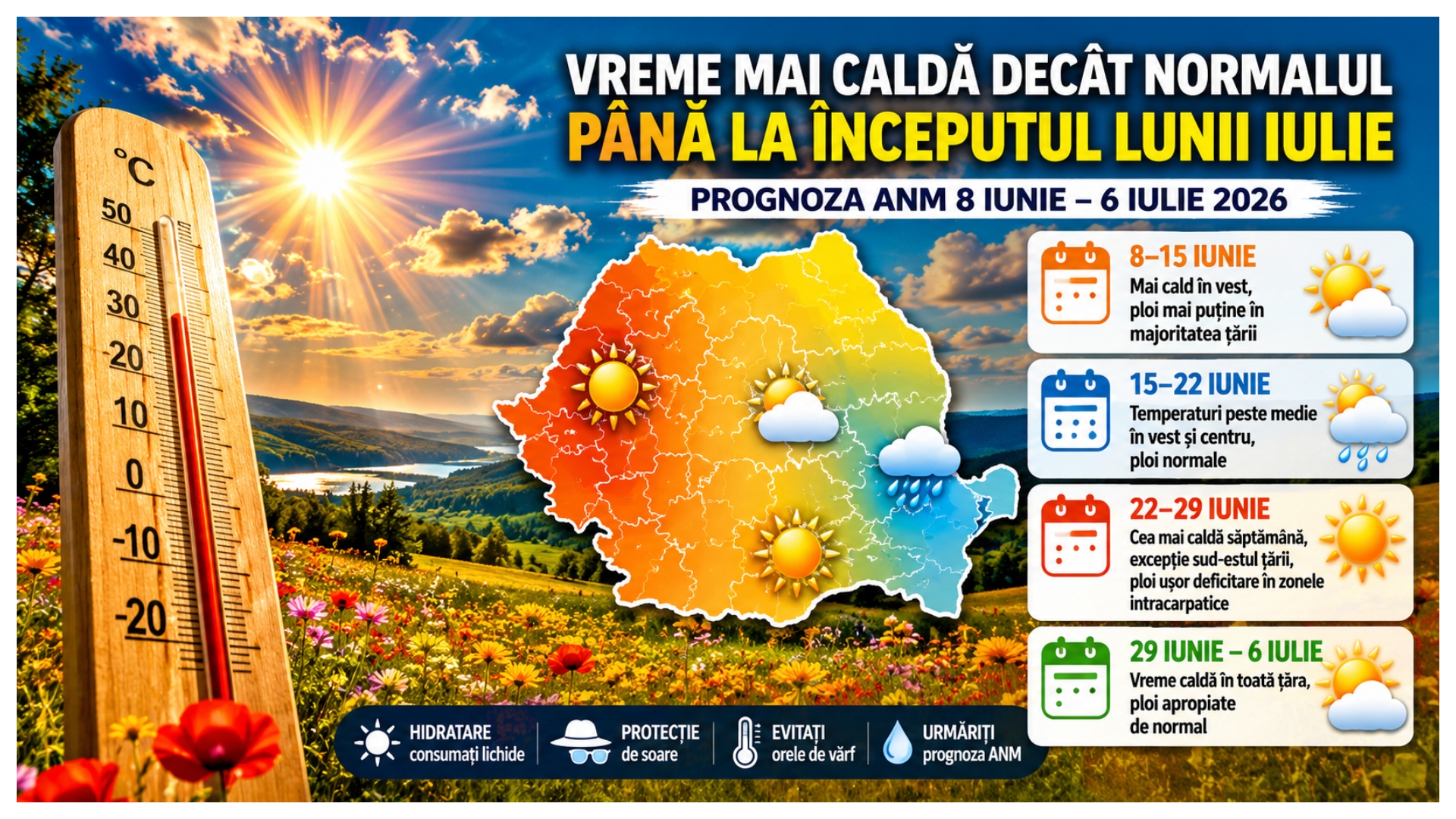 ANM anunță temperaturi peste normal până în iulie. Primele episoade de caniculă ar putea apărea la finalul lunii iunie